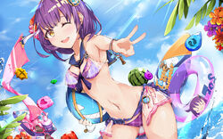  bikini clouds polymer77721 short_hair sky swim_ring swimsuit tagme_(character) tower_of_saviors water wink 