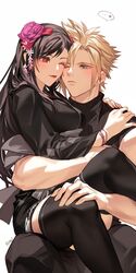  1boy bare_arms black_hair black_thighhighs blonde_hair blue_eyes blush bracelet cloud_strife couple duoj_ji earrings face-to-face female final_fantasy final_fantasy_vii final_fantasy_vii_remake flower hair_flower hair_ornament heads_together heart highres hug japanese_clothes jewelry kimono long_hair looking_at_another official_alternate_costume one_eye_closed red_eyes red_lips sitting sitting_on_lap sitting_on_person sleeveless sleeveless_turtleneck spiked_hair straight sweater thighhighs tifa_lockhart tifa_lockhart_(exotic_dress) turtleneck turtleneck_sweater white_background 