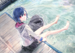  54cr bare_legs barefoot blue_hair blush bob_cut chinese_commentary commentary dolphin feet female highres hood hood_down hoodie legs looking_at_viewer miniskirt nijisanji nishizono_chigusa nishizono_chigusa_(1st_costume) outdoors photoshop_(medium) pool red_eyes school_uniform selene_girls_school_uniform short_hair skirt solo thighs virtual_youtuber 