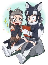  +_+ 2girls :q absurdres american_beaver_(kemono_friends) animal_ears antenna_hair appleq awestruck bare_back beaver_ears beaver_tail bike_shorts black_hair blue_eyes blush bra closed_mouth commentary_request cutoffs drawing elbow_gloves extra_ears full_body fur-trimmed_footwear fur_collar fur_trim gloves grey_hair grey_wolf_(kemono_friends) hair_ornament hairclip hands_up heterochromia highres holding holding_pencil jacket kemono_friends kneeling licking_lips long_hair long_sleeves looking_down miniskirt multicolored_hair multiple_girls navel necktie open_mouth orange_eyes outstretched_legs own_hands_together pencil shoe_soles shoes shorts_under_shorts sidelocks sitting sketchbook skirt sleeveless sleeveless_jacket smile sparkle stomach stone tail teeth thighhighs tongue tongue_out two-tone_hair underwear upper_teeth_only v-shaped_eyebrows wolf_ears wolf_girl wolf_tail zettai_ryouiki 