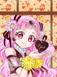  black_ribbon black_sleeves blunt_bangs blush closed_mouth crop_top cure_yell detached_sleeves eyelashes female flower hair_flower hair_ornament hair_ribbon heart heart_hair_ornament highres hugtto!_precure long_hair looking_at_viewer manekineko5319 nono_hana pink_flower pink_hair precure red_eyes ribbon short_sleeves smile solo upper_body very_long_hair 