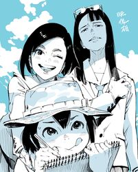  3girls :&gt; :&lt; :p ;d ahn_dongshik asakusa_midori asymmetrical_bangs asymmetrical_hair blazer blunt_bangs blush bob_cut cloud cloudy_sky commentary_request concentrating copyright_name day eizouken_ni_wa_te_wo_dasu_na! eyewear_on_head freckles glasses hat highres inverted_bob jacket jimiko kanamori_sayaka long_hair looking_at_viewer mizusaki_tsubame monochrome multiple_girls necktie one_eye_closed open_mouth pencil school_uniform shaded_face short_hair sketchbook sketching skirt sky smile spot_color sweatdrop teeth thick_eyebrows tongue tongue_out triangle_mouth upper_teeth_only 