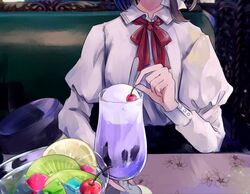  anmitsu_(dessert) black_hat booth_seating brown_hair cafe cherry collared_shirt commentary_request dessert female food fruit hat hat_ribbon head_out_of_frame ice_cream ice_cream_float indoors juliet_sleeves kiwi_(fruit) kiwi_slice long_sleeves neck_ribbon parfait poteimo_(poteimo622) puffy_sleeves red_ribbon ribbon shirt short_hair solo sweets touhou unworn_headwear usami_renko white_shirt 