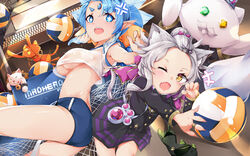  +_+ 2girls :d :o ;o absurdres animal_ears ass bad_hands bell black_cat black_skirt blue_eyes blue_hair bow breasts buruma cat_tail commentary_request crop_top crown feline forehead_jewel gem hair_ornament hairbow hairclip highres jewelry jingle_bell leaning_forward long_hair long_sleeves multiple_girls oerba_yun_fang one_eye_closed open_mouth orange_cat pointy_ears polymer77721 purple_bow ring see-through sidelocks skin_fang skirt smile tail tower_of_saviors underboob volleyball volleyball_net white_cat white_hair 