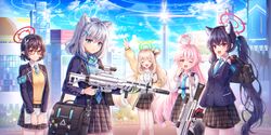  animal_ears blue_archive blush building city clouds glasses gray_hair gun hayun long_hair pink_hair pointed_ears purple_hair red_eyes school_uniform short_hair skirt sky tagme_(character) tie twintails weapon wink yellow_eyes 