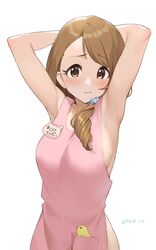  absurdres apron armpits arms_behind_back arms_behind_head asymmetrical_bangs bird blush brown_eyes brown_hair chick collarbone cowboy_shot dated female hair_over_shoulder highres idolmaster idolmaster_cinderella_girls lips looking_at_viewer mochida_arisa naked_apron onao pink_apron simple_background white_background 