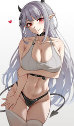  absurdres ass_visible_through_thighs bad_id bad_pixiv_id black_collar black_horns black_panties blunt_bangs breasts cleavage closed_mouth collar collarbone commentary_request demon_girl demon_tail ear_piercing female gradient_background grey_background grey_hair heart highres horns large_breasts long_hair looking_at_viewer navel oerba_yun_fang original panties piercing pointy_ears red_eyes skin_fang smile solo stomach tail thighhighs thighs underwear white_thighhighs yukiaka 