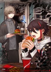  2boys absurdres bird black_hair blue_eyes brown_hair burger cheese choker commentary_request cup drawstring fake_screenshot food grey_eyes grey_sweater hair_between_eyes highres holding holding_food hood hood_down hoodie jewelry kanae_(8th_costume)_(nijisanji) kanae_(nijisanji) leaf lettuce looking_at_viewer mole mole_under_eye mrsk_moko multicolored_hair multiple_boys necklace nijisanji open_mouth plant red_hair saegusa_akina saegusa_akina_(1st_costume) streaked_hair sweater table tomato virtual_youtuber 