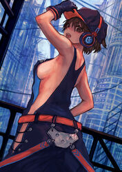  absurdres arm_up armpits belt black_gloves breasts brown_eyes brown_hair cowboy_shot female from_behind gloves hat headphones headphones_over_headwear highres looking_at_viewer looking_back original overalls red_belt sabamiso_taro short_hair sideboob solo 