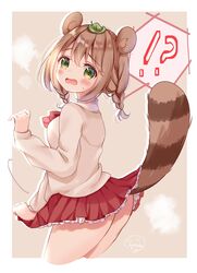  !? animal_ears bad_id bad_twitter_id blush border bow bowtie braid cowboy_shot female frilled_skirt frills green_eyes highres leaf leaf_on_head long_sleeves looking_at_viewer looking_back open_mouth original raccoon_ears raccoon_tail red_bow red_bowtie red_skirt skirt skirt_tug solo sugutsuka_rerun sweater tail thighs twin_braids white_border 