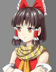  :t absurdres ascot benikurage_(cookie) blush bow brown_eyes brown_hair brown_scarf chinese_commentary closed_mouth commentary_request cookie_(touhou) detached_sleeves female frilled_bow frilled_hair_tubes frills grey_background hair_tubes hairbow hakurei_reimu highres looking_to_the_side nekokatana_catana pout red_bow scarf shirt short_hair simple_background sleeveless sleeveless_shirt solo striped_clothes striped_scarf touhou upper_body yellow_ascot yellow_scarf 