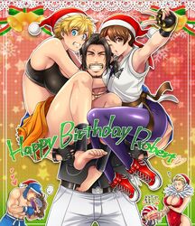  3boys 4girls armpits barefoot belt billy_kane black_belt blonde_hair blue_eyes braid braided_ponytail brown_belt brown_eyes brown_hair character_name closed_eyes cocktail_dress dougi dress fatal_fury fingerless_gloves fu-ha_jin geese_howard genderswap_(mtf) gloves happy_birthday hat heart highres kisaragi_eiji kissing looking_at_viewer martial_arts_belt midnight_bliss miru_(mill_36) multiple_boys multiple_girls one_eye_closed robert_garcia rule_63 ryou_sakazaki ryuuko_no_ken santa_hat smile star_(symbol) starry_background the_king_of_fighters v yuri_sakazaki 