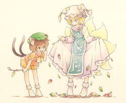  2girls :d acrylic_paint_(medium) alternate_color animal_ear_fluff animal_ear_piercing animal_ears animal_hat arms_at_sides bent_over blonde_hair bloomers bobby_socks bow bowtie branch brown_hair buttons cat_ears cat_tail chen chinese_clothes closed_mouth commentary_request dress falling_leaves fox_ears fox_tail frilled_dress frills green_headwear hair_between_eyes hand_to_own_mouth hand_up hat holding holding_branch jewelry layered_dress leaf long_sleeves mandarin_collar mob_cap multiple_girls multiple_tails no_pants no_shoes open_mouth orange_bloomers orange_shirt painting_(medium) photoshop_(medium) pink_dress raised_eyebrows red_vest ribbon shirt short_hair simple_background skirt_hold smile socks standing tabard tail tassel tiptoes touhou traditional_media two_tails underwear vest watercolor_(medium) white_legwear yakumo_ran yellow_bow yellow_bowtie yellow_eyes yellow_ribbon zuushii_(zoosea) 