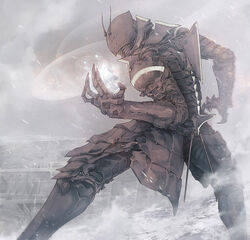  1boy armor chikashige claws commentary_request full_armor gauntlets greaves grey_sky helm helmet holding ice male_focus muted_color ningyou_no_kuni outdoors pauldrons photoshop_(medium) shoulder_armor sky snow snowing solo spine vambraces yiyu 