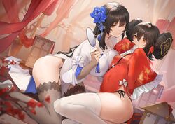  2girls absurdres black_hair blue_flower breast_press breasts bridal_gauntlets brown_thighhighs china_dress chinese_clothes chinese_commentary commentary double_bun dress flats flower garter_straps girls&#039;_frontline hair_bun hair_flower hair_ornament hand_fan highres lace-trimmed_legwear lace_trim long_hair long_sleeves mole mole_under_eye multiple_girls official_alternate_costume panties pelvic_curtain red_dress red_eyes side-tie_panties sleeves_past_fingers sleeves_past_wrists small_breasts sumi_(rainsun02) thighhighs tuanshan type_95_(girls&#039;_frontline) type_95_(narcissus)_(girls&#039;_frontline) type_97_(girls&#039;_frontline) type_97_(peony)_(girls&#039;_frontline) underwear very_long_hair white_dress white_thighhighs yellow_eyes 