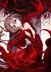  blood blood_on_wall blood_splatter brown_hair chikashige claws dress female gauna gauna_491 hair_between_eyes hoshijiro_shizuka living_clothes looking_at_viewer parted_lips pink_lips red_dress red_eyes red_theme sidonia_no_kishi signature solo 