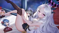  ako_(blue_archive) bed blue_archive blush chibi chinatsu_(blue_archive) gray_hair halo hina_(blue_archive) horns iori_(blue_archive) long_hair phone purple_eyes yoruri 