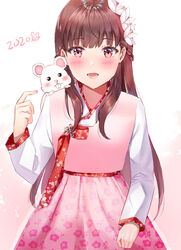  2020 :d animal animal_on_shoulder bad_id bad_pixiv_id blush braid brown_hair chinese_zodiac commentary dress female flower hair_flower hair_ornament hand_up highres kubong long_hair long_sleeves mouse_(animal) mouse_on_shoulder open_mouth original pink_dress pleated_dress red_eyes smile solo very_long_hair white_background white_flower year_of_the_rat 