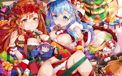  2girls absurdres ass bell between_breasts blue_eyes blue_nails blush bow breasts brown_eyes chibi christmas christmas_tree cleavage fork gift gingerbread_man hair_ornament hair_stick hairbow head_wreath highres holding holding_fork indoors large_breasts long_hair looking_at_viewer mole mole_under_eye mouth_hold multiple_girls neck_bell orange_hair plaid plaid_skirt polymer77721 red_ribbon red_skirt ribbon sitting skirt smile snowflake_hair_ornament snowman_hair_ornament string_of_flags tower_of_saviors 