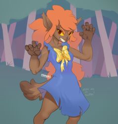  2022 5_fingers absurd_res anthro artist_name black_nose blue_clothing blue_dress breasts brown_body brown_fur canid canine clenched_teeth clothed clothing covered_breasts detailed_background digital_media_(artwork) dress english_text eyebrows eyelashes female fingers forest forest_background fur ghoul_school hair hanna-barbera hi_res looking_at_viewer mammal mythological_canine mythological_creature mythology nature nature_background orange_eyebrows orange_hair plant red_eyes scooby-doo_(series) smile solo teeth text tree were werecanid werecanine werewolf winnie_werewolf_(ghoul_school) yellow_sclera yolabayola1 