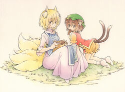  2girls acrylic_paint_(medium) all_fours alternate_color animal_ear_fluff animal_ear_piercing animal_ears blonde_hair bloomers bobby_socks bow bowtie brown_eyes brown_hair cat_ears cat_tail chen chinese_clothes circle closed_mouth commentary_request container dated dress elbow_sleeve food fox_ears fox_tail frilled_sleeves frills full_body gradient_background grass hair_between_eyes holding holding_food in_container jewelry looking_at_viewer looking_back looking_to_the_side mandarin_collar mouth_hold multiple_girls multiple_tails no_headwear no_pants no_shoes orange_bloomers orange_shirt painting_(medium) photoshop_(medium) pink_dress red_vest ribbon shirt short_hair short_sleeves sitting socks tabard tail taiyaki touhou traditional_media two_tails underwear vest wagashi watercolor_(medium) white_legwear yakumo_ran yellow_bow yellow_bowtie yellow_eyes yellow_ribbon zuushii_(zoosea) 