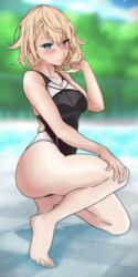  absurdres aiuti barefoot black_one-piece_swimsuit blonde_hair blue_eyes blurry braid braided_bangs commentary competition_swimsuit day depth_of_field feet female fence full_body g36_(girls&#039;_frontline) g36_(mod3)_(girls&#039;_frontline) girls&#039;_frontline highres looking_at_viewer one-piece_swimsuit outdoors pool short_hair solo squatting swimsuit toes 