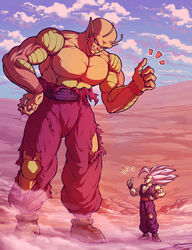  2boys antennae biceps blue_sky boots brown_footwear cloud colored_skin commentary_request day desert dragon_ball dragon_ball_super dragon_ball_super_super_hero giant gohan_beast grin hand_on_own_hip hand_up highres koukyouji large_pectorals looking_at_another looking_down looking_up male_focus multiple_boys muscular muscular_male namekian notice_lines oerba_yun_fang orange_piccolo orange_skin outdoors pants parted_lips partial_commentary pectorals piccolo pointy_ears purple_pants purple_sash red_eyes red_sash red_wristband sash sky smile smirk son_gohan spiked_hair standing thumbs_up topless_male torn_clothes torn_pants v-shaped_eyebrows white_hair wristband 