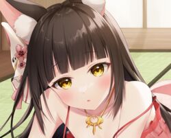  animal_ears architecture azur_lane black_hair blunt_bangs blush close-up collarbone commentary_request east_asian_architecture female fox_ears fox_girl fox_mask indoors long_hair looking_at_viewer mask mask_on_head nagato_(azur_lane) nagato_(great_fox&#039;s_respite)_(azur_lane) nagura_shiro official_alternate_costume pajamas parted_lips sidelocks sleeveless solo spaghetti_strap sunlight tatami window yellow_eyes 