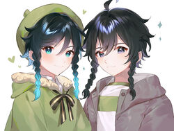  2boys braid close-up commentary_request genshin_impact hair_between_eyes hat highres kkopoli long_hair looking_at_viewer male_focus multicolored_hair multiple_boys nameless_bard_(genshin_impact) sidelocks smile sparkle twin_braids two-tone_hair venti_(genshin_impact) 