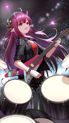  :d ahoge ambience_synesthesia arknights black_headwear black_jacket breasts chinese_commentary cigarette_p commentary_request concert drum drum_set electric_guitar female guitar hat highres holding holding_instrument horns instrument jacket long_hair looking_away music oerba_yun_fang official_alternate_costume open_clothes open_jacket open_mouth playing_instrument pointy_ears red_eyes red_hair short_sleeves sleeves_rolled_up small_breasts smile studded_bracelet tail very_long_hair vigna_(arknights) vigna_(black_wave)_(arknights) 