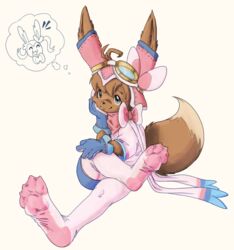  4_fingers 4_toes absurd_res ambiguous_gender anthro anthrofied blue_eyes bow_(feature) brown_body brown_fur clothed clothing costume digital_drawing_(artwork) digital_media_(artwork) dipstick_tail eevee eeveelution feet femboy fingers footwear fur generation_1_pokemon generation_6_pokemon gloves handwear hi_res legwear long_socks mammal markings multicolored_body multicolored_fur multicolored_tail nintendo paws_in_socks pink_clothing pokemon pokemon_(species) pokemon_costume pokemorph simple_background socks solo stormdragonblue sylveon tail tail_markings thought_bubble toes two_tone_body two_tone_fur 