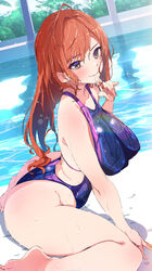  ahoge arisugawa_natsuha ass barefoot blush breasts collarbone commentary competition_swimsuit dutch_angle female highres idolmaster idolmaster_shiny_colors large_breasts looking_at_viewer one-piece_swimsuit orange_hair pool sitting smile solo swimsuit wariza wavy_hair wet wet_hair yamabuki_ryuu 