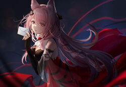  absurdres animal_ears arknights braid dress earrings female fingerless_gloves gloves hair_between_eyes hair_ornament highres holding holding_letter jewelry letter long_hair looking_at_viewer open_mouth pink_hair pozyomka_(arknights) red_dress red_eyes solo tadano_tarako very_long_hair 