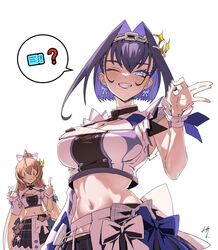  2girls ahoge arm_up asymmetrical_clothes asymmetrical_sleeves black_skirt blue_bow blue_eyes blue_hair blush bow breasts brown_bow brown_hair buttons censored censored_gesture chain_headband chains cleavage_cutout clothing_cutout crop_top double-breasted earrings finger_heart frills green_bow hair_intakes hair_ornament hair_ribbon highres hololive hololive_english hololive_idol_uniform_(bright) idol idol_clothes jewelry large_breasts long_hair long_sleeves looking_at_viewer middle_finger midriff mosaic_censoring multicolored_hair multiple_girls nanashi_mumei navel official_alternate_costume ok_sign one_eye_closed ouro_kronii plaid plaid_skirt pleated_skirt pointless_censoring ribbon shirt short_hair signature simple_background skirt sleeveless smile speech_bubble spoken_object stomach taka_t teeth ticket two-tone_hair very_long_hair virtual_youtuber white_background white_bow white_skirt 