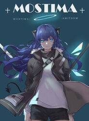  aqua_background aqua_eyes arknights arms_at_sides bad_id bad_pixiv_id belt black_jacket black_shorts blue_eyes blue_hair breasts character_name cowboy_shot female floating_hair fur_trim glowing glowing_eyes halo highres horns jacket light_smile long_hair long_sleeves looking_at_viewer mostima_(arknights) narakuuu open_clothes open_jacket pocket shirt shorts simple_background smile solo straight-on tail turtleneck white_shirt 