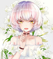  :d act-age bad_id bad_pixiv_id black_choker blush bug butterfly choker commentary_request dress female flower hand_up kikumamo82 lily_(flower) looking_at_viewer momoshiro_chiyoko open_mouth short_hair simple_background smile solo upper_body white_butterfly white_dress white_hair yellow_eyes 