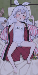  absurdres bare_legs barefoot blue_archive blush breasts cherino_(blue_archive) cherino_(hot_spring)_(blue_archive) choko_(cup) closed_eyes closed_mouth commentary_request cup drooling facing_viewer female full_body grey_hair hair_ribbon highres indoors lakilolom long_hair long_sleeves lying name_tag oerba_yun_fang old_school_swimsuit on_back one-piece_swimsuit open_clothes open_mouth pillow ribbon saliva school_swimsuit sleeping small_breasts solo swimsuit swimsuit_under_clothes tatami tokkuri tray very_long_hair white_one-piece_swimsuit white_ribbon wide_sleeves 