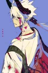  1boy black_sclera blood blood_on_clothes blood_on_face blue_background closed_mouth colored_sclera crack cracked_skin harurie horns japanese_clothes long_hair looking_back male_focus onikiri_(onmyoji) onmyoji pointy_ears ponytail red_eyes simple_background slit_pupils solo white_hair 