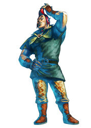  1boy absurdres arm_up belt boots brown_gloves capelet commentary english_commentary fingerless_gloves full_body gloves green_tunic groose hand_on_own_hip highres jewelry looking_at_viewer male_focus muscular muscular_male necklace official_art pointy_ears pompadour red_hair sidelocks solo standing takumi_wada the_legend_of_zelda the_legend_of_zelda:_skyward_sword yellow_capelet yellow_eyes 