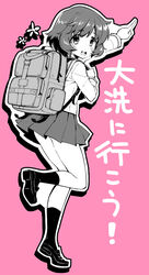  akiyama_yukari backpack bag blouse commentary_request female from_behind girls_und_panzer kekocha leg_up loafers long_sleeves looking_at_viewer looking_back messy_hair miniskirt neckerchief ooarai_school_uniform open_mouth outline partially_colored pink_background pleated_skirt pointing school_uniform serafuku shirt shoes short_hair skirt smile socks solo standing standing_on_one_leg translated 