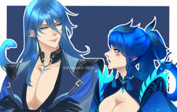  1boy absurdres beisht_(genshin_impact) black_gloves blue_background blue_eyes blue_eyeshadow blue_hair blue_lips blush braid breasts cleavage closed_mouth colored_eyelashes couple crossed_arms dark_blue_hair earrings eriezan eyeliner eyeshadow feet_out_of_frame female genshin_impact gloves hair_between_eyes highres humanization husband_and_wife jewelry large_breasts large_pectorals lips lipstick long_hair looking_at_another looking_to_the_side makeup osial_(genshin_impact) outside_border pectoral_cleavage pectorals pout scales sidelocks single_earring smile snake standing straight tassel tassel_earrings tied_hair twin_braids twitter_username upper_body 