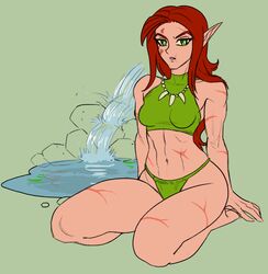  abs absurdres blonde_hair elf facepaint female green_eyes highres jewelry kneeling muscular muscular_female necklace pointy_ears ratopomboart red_hair scar tank_top the_elder_scrolls the_elder_scrolls_iii:_morrowind tomboy toned turtleneck water waterfall 