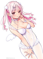  blush bow breasts choker covered_navel cowboy_shot drill_hair female frilled_choker frills hairbow hand_on_own_thigh jewelry long_hair looking_at_viewer medium_breasts mini_wings original pink_eyes pink_hair sidelocks simple_background smile solo thigh_gap two_side_up unitard wantan_meo white_background white_unitard wings wrist_belt 