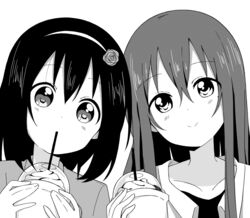  2girls blush closed_mouth collarbone commentary_request cup disposable_cup drinking drinking_straw drinking_straw_in_mouth flower frappuccino grey_background greyscale hair_between_eyes hair_flower hair_ornament hairband hand_up hands_up highres holding holding_cup long_hair looking_at_viewer medium_hair mesushio miwa_ai mole mole_under_eye monochrome multiple_girls oomuro-ke portrait shirt side-by-side simple_background smile whipped_cream yaeno_miho yuru_yuri 