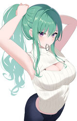  absurdres arched_back argule0901 armpits arms_behind_head arms_up ass blue_pants blush bra_strap breasts cleavage denim female green_hair hair_between_eyes hair_tie hair_tie_in_mouth highres holding holding_own_hair jeans large_breasts long_hair looking_at_viewer midriff mole mole_on_breast mouth_hold official_alternate_costume pants ponytail purple_eyes ribbed_sweater sidelocks simple_background sleeveless sleeveless_turtleneck smile solo sweater turtleneck turtleneck_sweater tying_hair very_long_hair virtual_youtuber vspo! white_background white_sweater yakumo_beni yakumo_beni_(3rd_costume) 