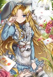  alice_(alice_in_wonderland) alice_in_wonderland animal_ears bad_id bad_twitter_id blonde_hair blue_eyes card commentary fake_animal_ears female flower highres long_hair looking_to_the_side nyaruin one_eye_closed playing_card rabbit_ears skindentation solo thighhighs tulip two_of_spades very_long_hair white_flower 