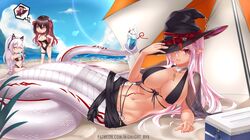  3girls animal_ear_headphones animal_ears arm_support artist_name axent_wear beach beach_umbrella bikini black_bikini black_hair breasts cat_ear_headphones choker closed_eyes cooler cup day drinking_glass fake_animal_ears food glass gradient_hair hair_between_eyes hands_on_own_hips hat headphones highres ice_cream kyara_akaro lamia large_breasts long_hair lying midnight_(banyex) monster_girl multicolored_hair multiple_girls navel on_side one-piece_swimsuit original patreon_username pink_hair pointy_ears ponytail popsicle red_eyes saiphy_lanidae sitting speech_bubble standing swimsuit tattoo umbrella web_address white_hair witch_hat 