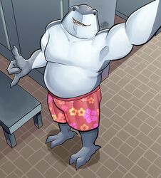  2019 3_fingers beady_eyes belly black_eyes claws clothing dc_comics fingers fish gesture gills grey_body grey_skin hand_gesture harley_quinn_(series) hi_res high-angle_view hunter-husky king_shark locker_room looking_at_viewer male marine overweight overweight_male selfie shaka_sign shark signature slightly_chubby smile solo swimming_trunks swimwear teeth tongue 