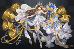  909_(kagetsu99) armpit_peek arms_at_sides bare_shoulders bell blue_flower blue_ribbon blue_rose boots bouquet breasts bridal_veil bride brown_hair checkered_background cleavage commentary_request copyright_name dress dress_flower drill_hair elbow_gloves female flower full_body gloves gold_trim green_eyes grey_background highres holding holding_bouquet lace_trim long_hair looking_at_viewer medium_breasts official_art purple_flower ribbon rose simple_background skirt_hold smile thigh_boots thighhighs tiara tower_of_saviors veil watermark wedding_dress white_dress white_flower white_footwear white_gloves white_rose yellow_flower yellow_ribbon yellow_rose 