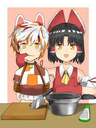  2girls absurdres animal_ears ascot benikurage_(cookie) black_hair bondage bondage border bound bow brown_eyes cat_ears cat_girl chinese_commentary cleaver commentary_request cookie_(touhou) crop_top detached_sleeves gloves goutokuji_mike grater hairbow hakurei_reimu highres looking_at_viewer mittens multicolored_hair multiple_girls nekokatana_catana open_mouth orange_eyes parted_bangs pot red_bow red_gloves rope shirt short_hair sleeveless sleeveless_shirt slit_pupils streaked_hair tearing_up touhou upper_body white_border white_hair white_sleeves yellow_ascot 